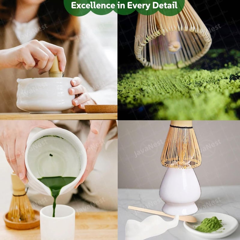 JavaNest 7-Piece Matcha Tea Set with Gift Card – 120-Prong Bamboo Whisk, Ceramic Bowl with Spout, Whisk Holder, Scoop, Spoon, Strainer & Scoop Holder – Ideal Gift for Matcha Lovers (White, 100-Prong) - Image 4